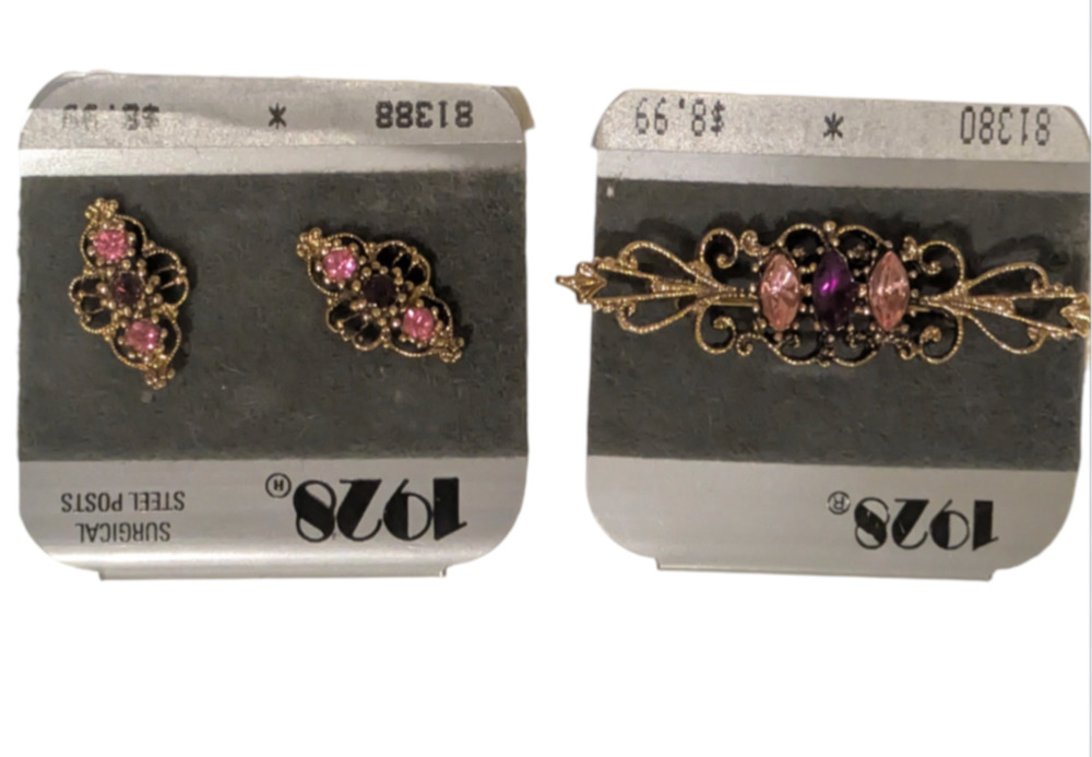 1928 Jewelry Filigree Pink Purple Rhinestone Earrings And Pin